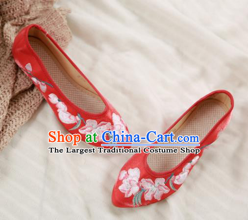 Traditional Chinese National Embroidery Peach Flowers Red Shoes Embroidered Shoes Hanfu Shoes for Women