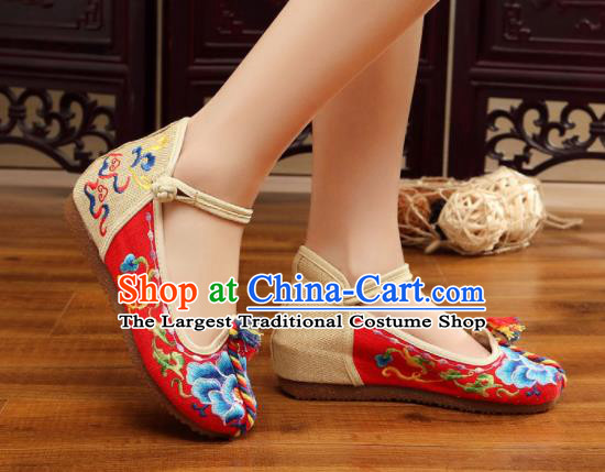 Traditional Chinese Old Beijing Embroidery Peony Red Shoes National Embroidered Shoes Hanfu Shoes for Women