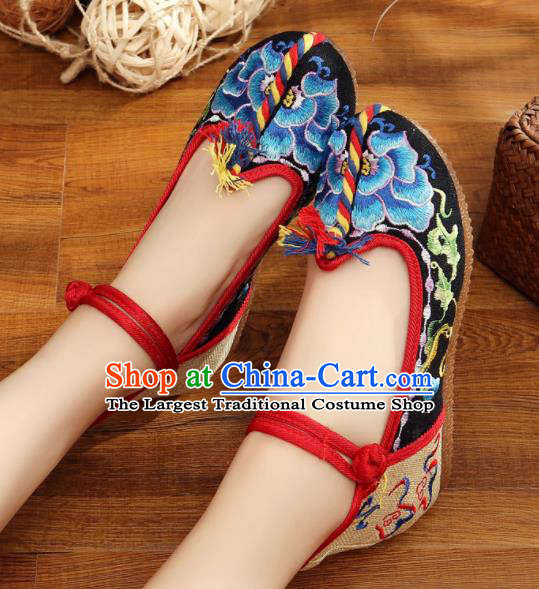 Traditional Chinese Old Beijing Embroidery Peony Black Shoes National Embroidered Shoes Hanfu Shoes for Women