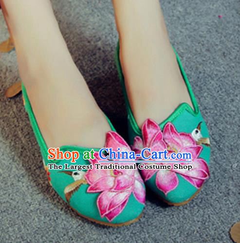 Traditional Chinese Embroidery Lotus Green Shoes Embroidered Shoes Cloth Shoes for Women