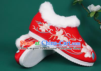 Chinese Traditional Winter Embroidered Red Ankle Boots Hanfu Shoes Cloth Boots for Women