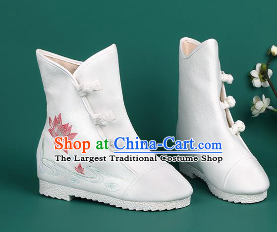 Chinese Traditional Winter Embroidered Lotus White Boots Hanfu Shoes Cloth Boots for Women