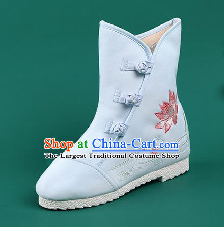 Chinese Traditional Winter Embroidered Lotus Blue Boots Hanfu Shoes Cloth Boots for Women