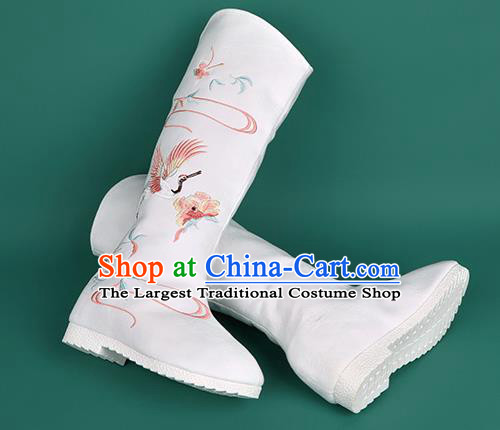 Chinese Traditional Embroidered Crane White High Boots Hanfu Shoes Cloth Boots for Women