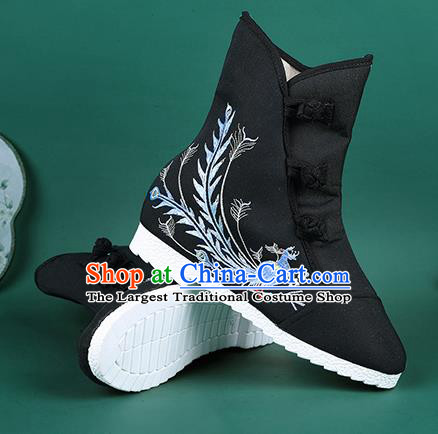 Handmade Chinese Traditional Embroidered Phoenix Black Boots Hanfu Shoes Cloth Boots for Women
