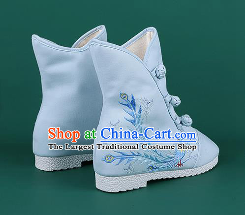 Handmade Chinese Traditional Embroidered Phoenix Blue Boots Hanfu Shoes Cloth Boots for Women