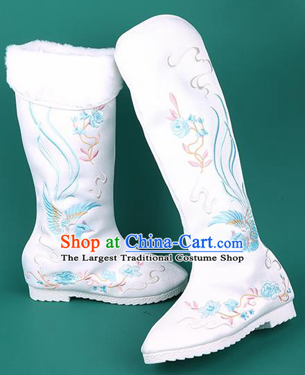 Handmade Chinese Cloth Boots Traditional Embroidered Phoenix White Boots Hanfu Shoes for Women