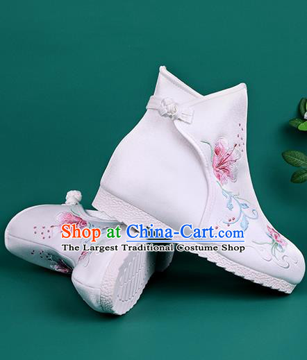 Handmade Chinese White Cloth Boots Traditional Embroidered Boots Hanfu Shoes for Women