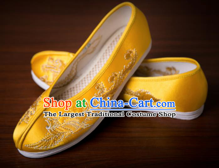 Traditional Chinese Handmade Golden Satin Shoes Hanfu Shoes Embroidered Shoes for Women