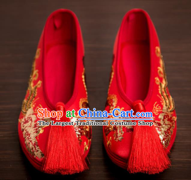 Traditional Chinese Handmade Wedding Shoes Hanfu Red Tassel Shoes Bride Shoes for Women