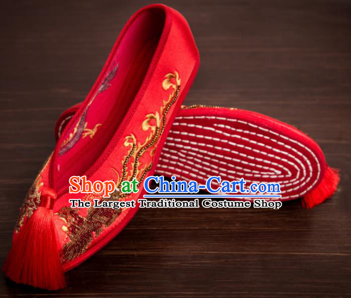 Traditional Chinese Handmade Wedding Shoes Hanfu Red Tassel Shoes Bride Shoes for Women