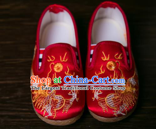 Handmade Chinese Traditional New Year Embroidered Dragon Red Shoes National Shoes Hanfu Shoes for Kids