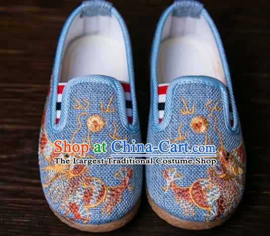 Handmade Chinese Traditional Blue Canvas Embroidered Dragon Shoes New Year National Shoes Hanfu Shoes for Kids
