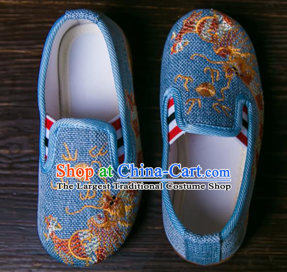 Handmade Chinese Traditional Blue Canvas Embroidered Dragon Shoes New Year National Shoes Hanfu Shoes for Kids
