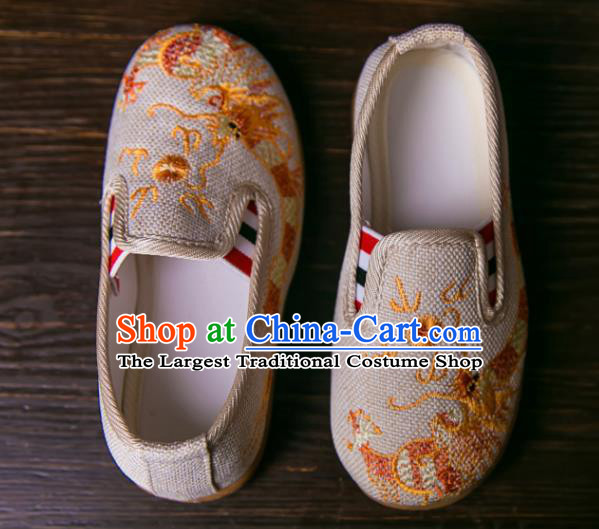 Handmade Chinese Traditional Beige Canvas Embroidered Dragon Shoes New Year National Shoes Hanfu Shoes for Kids