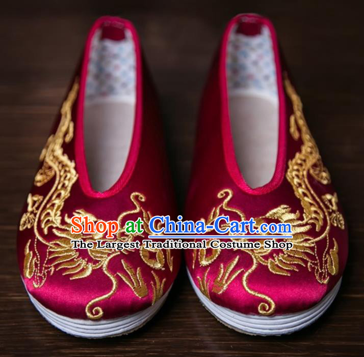 Handmade Chinese Bridegroom Embroidered Dragon Wine Red Shoes Traditional Kung Fu Shoes Hanfu Shoes for Men