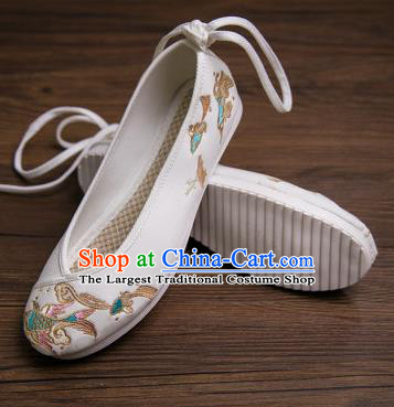 Traditional Chinese Handmade Hanfu Shoes Embroidered Carp White Shoes Cloth Shoes for Women