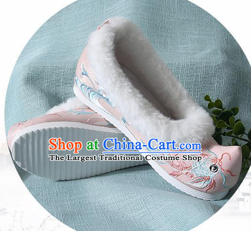 Traditional Chinese Handmade Embroidered Goldfish Pink Shoes Wedding Shoes Hanfu Shoes Princess Shoes for Women