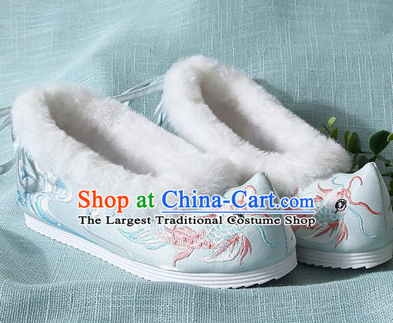 Traditional Chinese Handmade Embroidered Goldfish Light Blue Shoes Wedding Shoes Hanfu Shoes Princess Shoes for Women