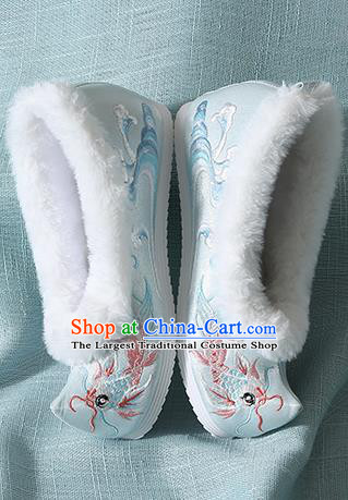 Traditional Chinese Handmade Embroidered Goldfish Light Blue Shoes Wedding Shoes Hanfu Shoes Princess Shoes for Women