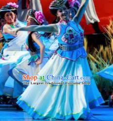Walking Marriage Chinese Mosuo Minority Dance Blue Dress Stage Performance Dance Costume and Headpiece for Women