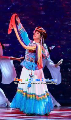 Walking Marriage Chinese Mosuo Minority Folk Dance Dress Stage Performance Dance Costume and Headpiece for Women
