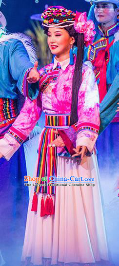 Walking Marriage Chinese Mosuo Minority Folk Dance Pink Dress Stage Performance Dance Costume and Headpiece for Women