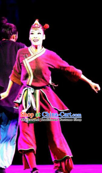 Impression Shanha Chinese She Nationality Dance Rosy Dress Stage Performance Dance Costume and Headpiece for Women