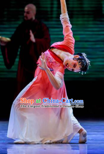 Sunsets Chinese Classical Dance Pink Dress Stage Performance Dance Costume and Headpiece for Women