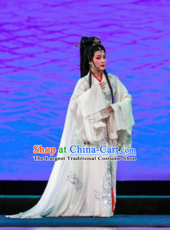 Chinese Shaoxing Opera Bronze Swallow Terrace Xiao Qiao White Dress Stage Performance Dance Costume and Headpiece for Women