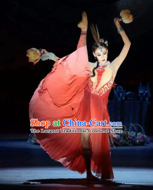 Menogga Garden Chinese Classical Dance Red Dress Stage Performance Dance Costume and Headpiece for Women