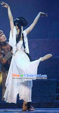 Goddess of the Moon Chinese Classical Dance White Dress Stage Performance Dance Costume and Headpiece for Women