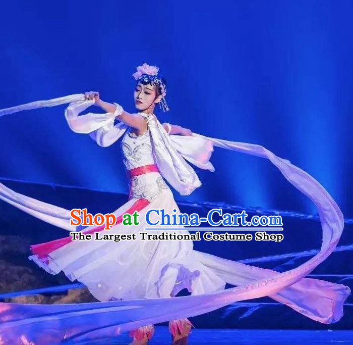 Goddess of the Moon Chinese Classical Dance Long Ribbon Dress Stage Performance Dance Costume and Headpiece for Women