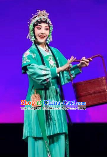 Mei Hua Zan Ceremony Chinese Beijing Opera Maidservant Green Dress Stage Performance Dance Costume and Headpiece for Women