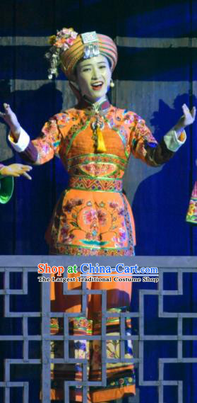 Hometown of Dragon Boat Tune Chinese Tujia Nationality Dance Orange Dress Stage Performance Dance Costume and Headpiece for Women