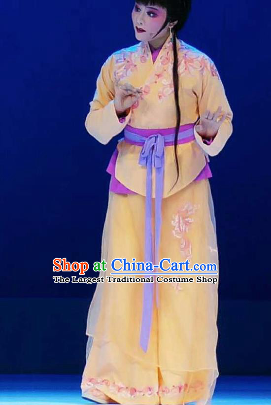 Xiang Luo Ji Chinese Shaoxing Opera Maidservant Yellow Dress Stage Performance Dance Costume and Headpiece for Women
