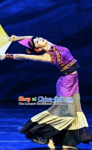 Da Liang Mountains Echo Chinese Yi Nationality Dance Purple Dress Stage Performance Costume and Headpiece for Women