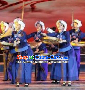 Buyi Ba Yin Chinese Bouyei Nationality Folk Dance Blue Dress Stage Performance Dance Costume and Headpiece for Women