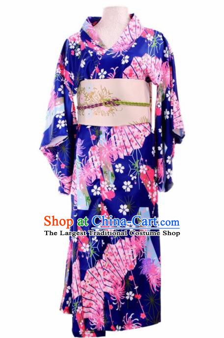 Traditional Japanese Printing Chrysanthemum Royalblue Kimono Asian Japan Yukata Dress for Women