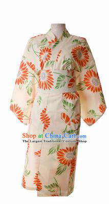 Traditional Japanese Printing Chrysanthemum Beige Kimono Asian Japan Yukata Dress for Women