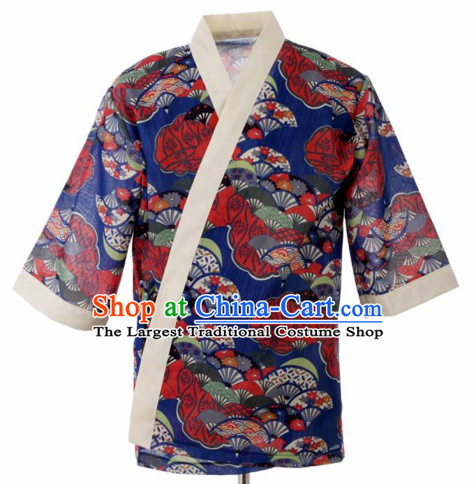 Traditional Japanese Printing Fans Royalblue Yamato Shirt Kimono Asian Japan Costume for Men