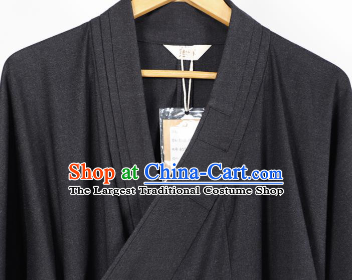 Traditional Chinese Monk Costume Winter Navy Woolen Long Gown for Men