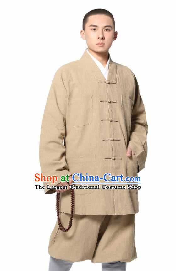 Traditional Chinese Monk Costume Meditation Khaki Ramie Shirt and Pants for Men
