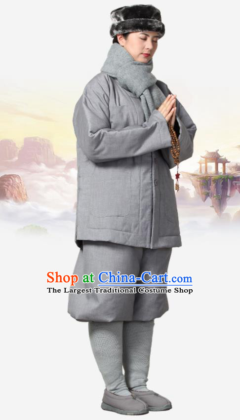 Traditional Chinese Monk Costume Meditation Outfits Grey Cotton Wadded Jacket Shirt and Pants for Men