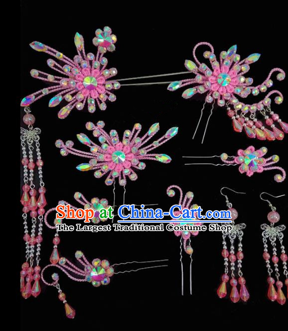 Chinese Traditional Beijing Opera Hair Accessories Peking Opera Diva Pink Flower Tassel Hairpins Complete Set for Adults