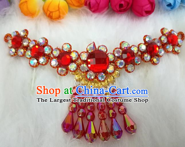 Chinese Traditional Beijing Opera Hair Accessories Peking Opera Diva Red Crystal Frontlet Hairpins for Adults