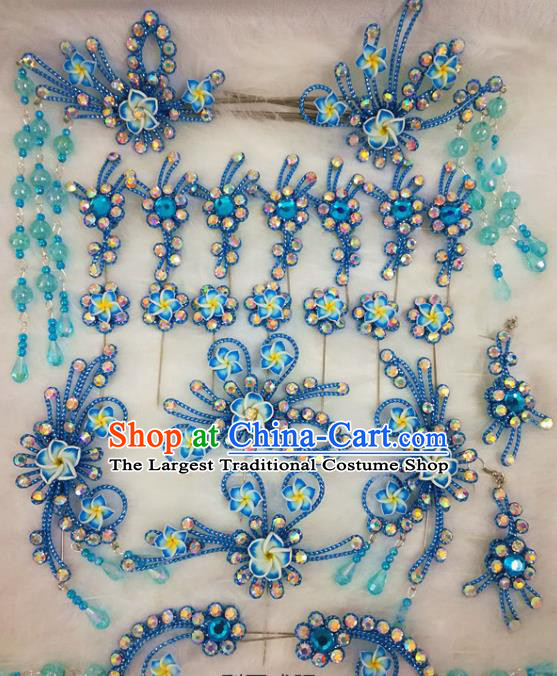 Chinese Traditional Beijing Opera Hair Accessories Peking Opera Blue Flower Hairpins Complete Set for Adults
