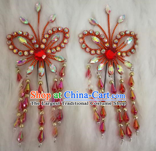 Chinese Traditional Beijing Opera Hair Accessories Peking Opera Red Butterfly Tassel Hairpins for Adults