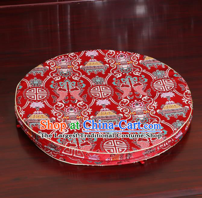Chinese Classical Household Ornament Traditional Red Brocade Rush Cushion Cover Fishes Pattern Mat Cover