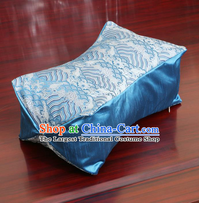 Chinese Traditional Wave Pattern Blue Brocade Pillow Slip Pillow Cover Classical Household Ornament
